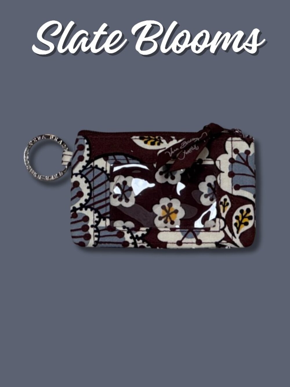 Vera Bradley Slate Blooms Zip ID Case Retired Quilted Cotton Card Holder